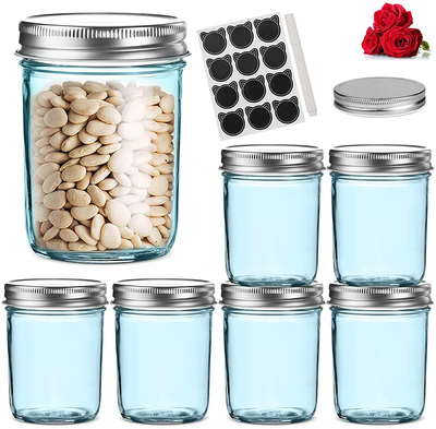 LovoIn 12 Pack 12 oz Glass Jars with Silver Metal Airtight Lids, Fashioned Mason Jars for Jams, Jellies, Fruit Syrups, Body Milk, Pizza Sauce - Blue