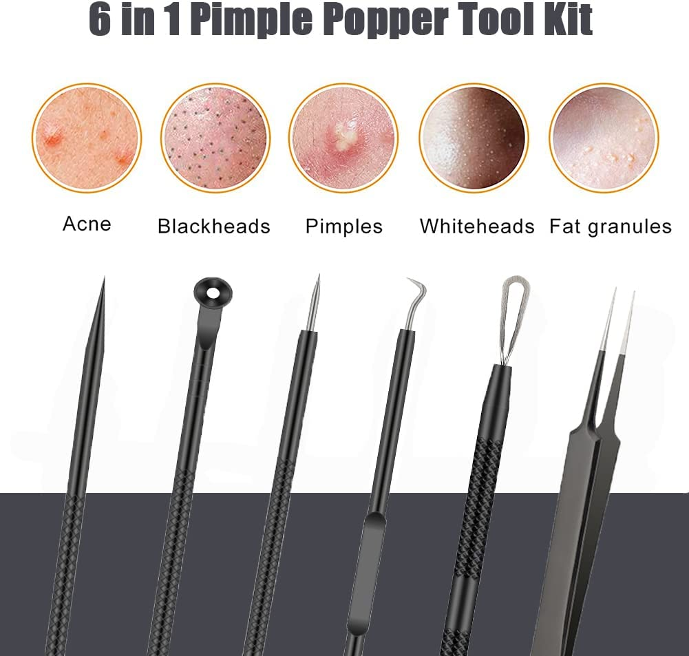Pimple Popper Tool Kit , 6 Pcs Blackhead Remover Acne Needle Tools Set Removing Treatment Comedone Whitehead Popping Zit for Nose Face Skin Blemish Extractor Tool - Black