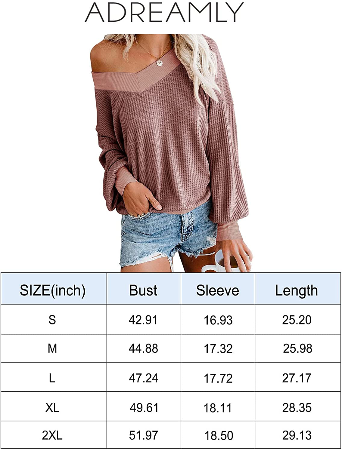 Adreamly Women's V Neck Long Sleeve Waffle Knit Top Off Shoulder Oversized Pullover Sweater