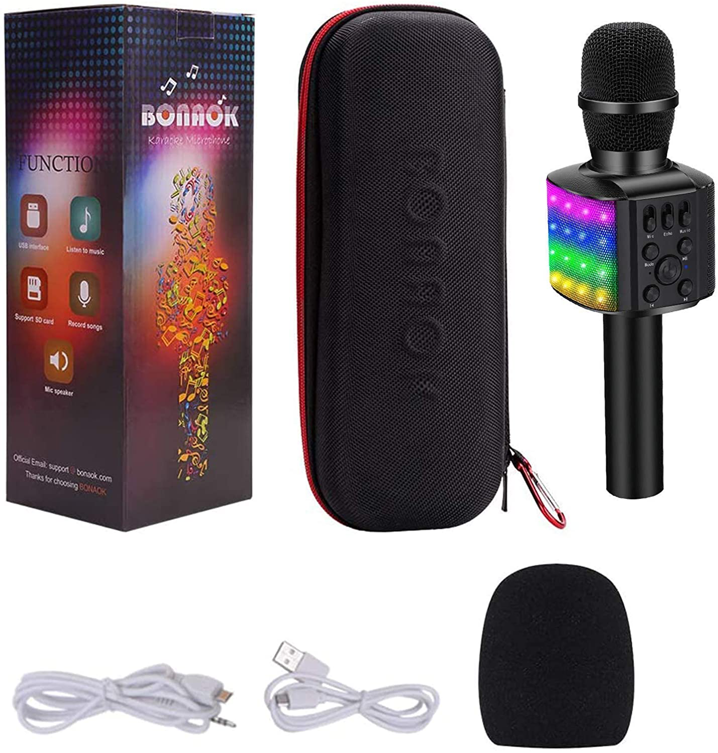 BONAOK Wireless Bluetooth Karaoke Microphone with controllable LED Lights, 4 in 1 Portable Karaoke Machine Mic Speaker Birthday Home Party for All Smartphones PC(Q36 Black)