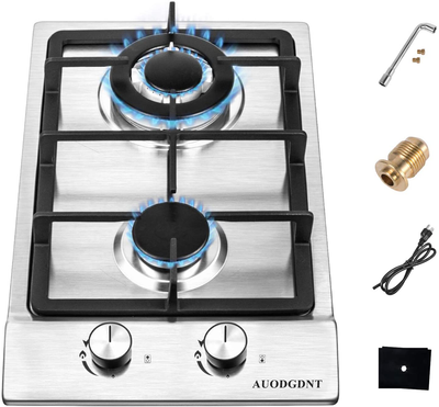 Gas Stove Gas Cooktop 2 Burners,12 Inches Portable Stainless Steel Built-in Gas Hob LPG/NG Dual Fuel Easy to Clean for RVs, Apartments, Outdoor