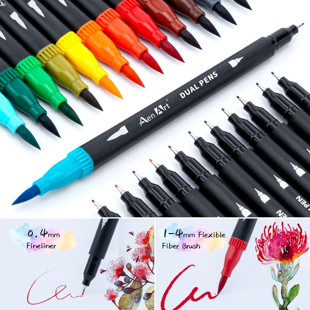Dual Brush Markers for Adult Coloring Books, 24 Colored Marker Set for Kids - Dual Tip Art Marker Pens Fine & Brush Tip for School Office Journal, Note Taking, Drawing