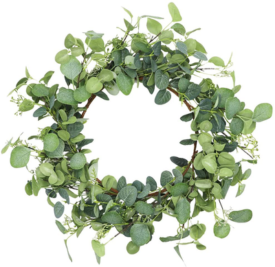 Palmhill Spring Wreaths, 18" Artificial Door Wreath with Eucalyptus Leaves and Little Berry Garland for Front Door Farmhouse Wreath Greenery for Spring Father's Day Festival Wall Indoor Outdoor Décor