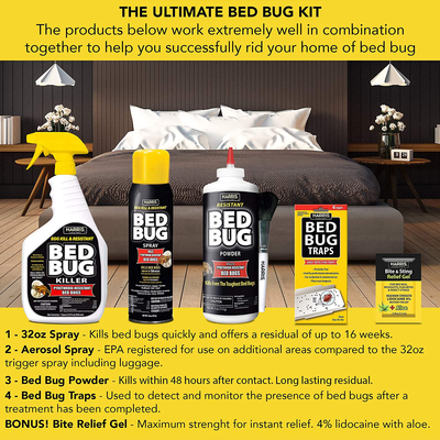 Harris Bed Bug Killer Value Bundle Kit - 32oz Bed Bug Killer, 16oz Aerosol Spray, 4oz Bed Bug Powder w/ Brush, 4-Pack Bed Bug Detection Glue Traps and Bed Bug Bite Relief Gel