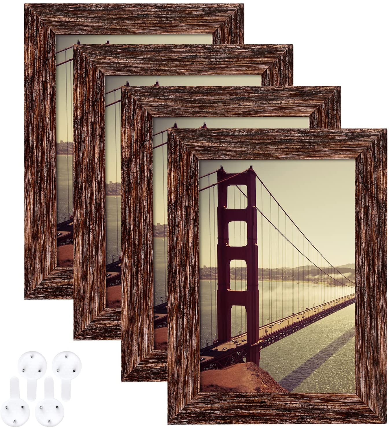 BAIJIALI 4x6 Picture Frame Rustic Brown Wood Pattern Set of 4 with Tempered Glass,Display Pictures 3.5x5 with Mat or 4x6 Without Mat, Horizontal and Vertical Formats for Wall and Table Mounting