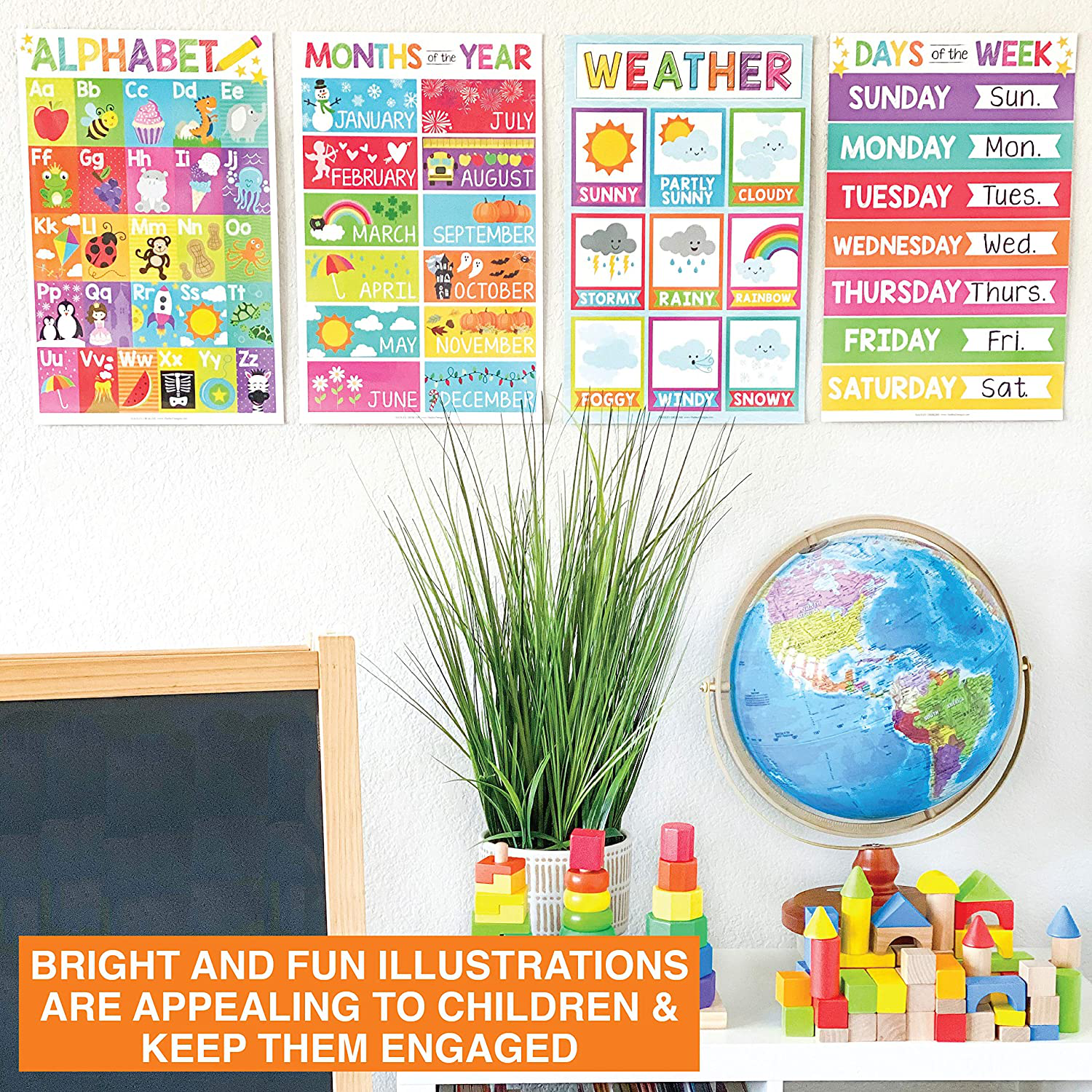 4 Alphabet, Months of the Year, Weather, Days of The Week Calendar For Kids, ABC Posters For Toddlers Wall Decor Art, Charts for Kindergarten Classroom PreK or Homeschool, Educational Laminated 11x17"
