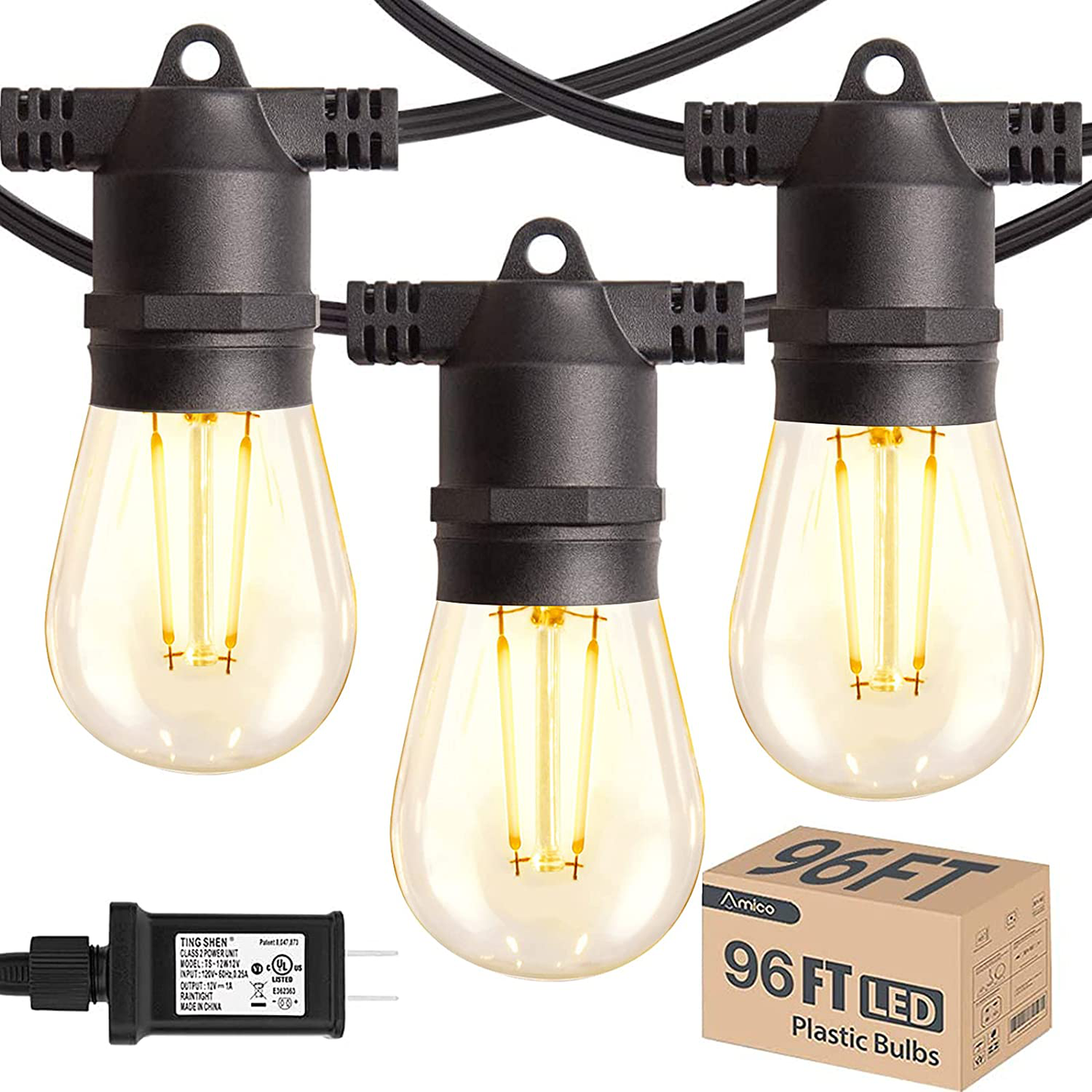 96FT Amico LED Outdoor String Lights with LED Edison Vintage Plastic Bulbs and Shatterproof Strand - Decorative LED Cafe Patio Light, Bistro Lights