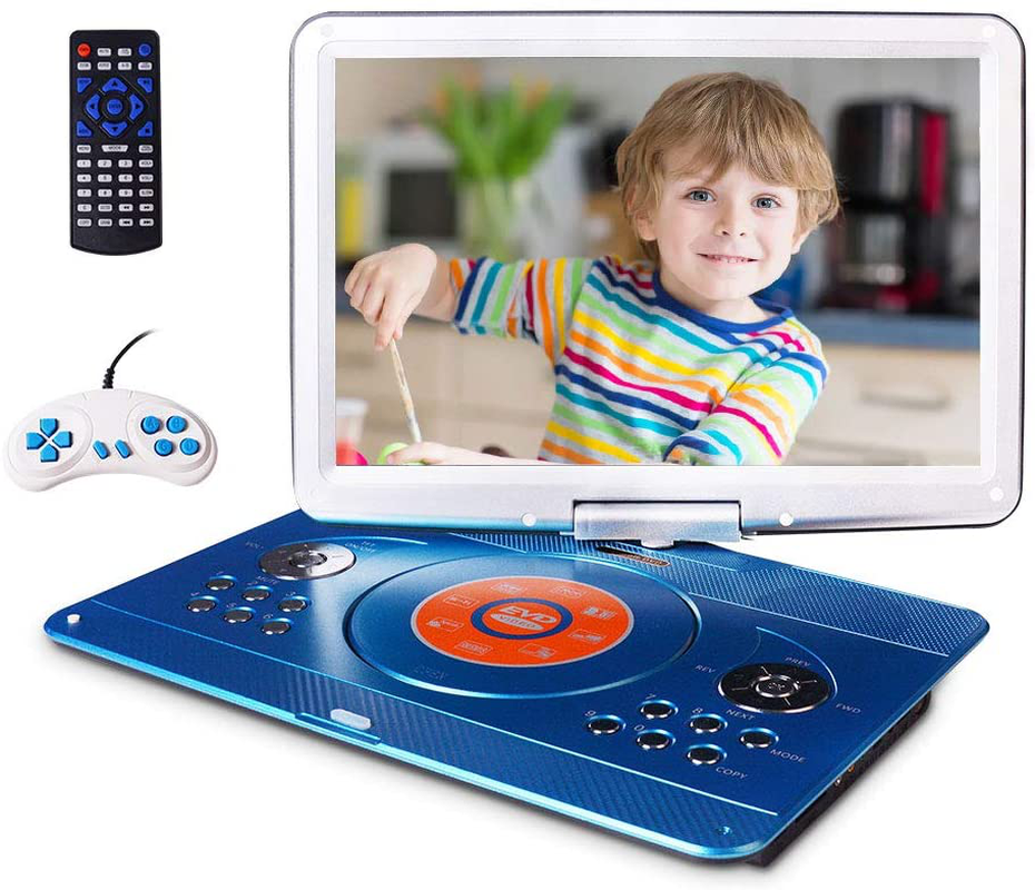 16.9" Portable DVD Player with 14.1" Large Swivel Screen, Car DVD Player Portable with 4 Hrs Rechargeable Battery, Mobile DVD Player for Kids, Sync TV, Support USB SD Card with Car Charger (Blue)