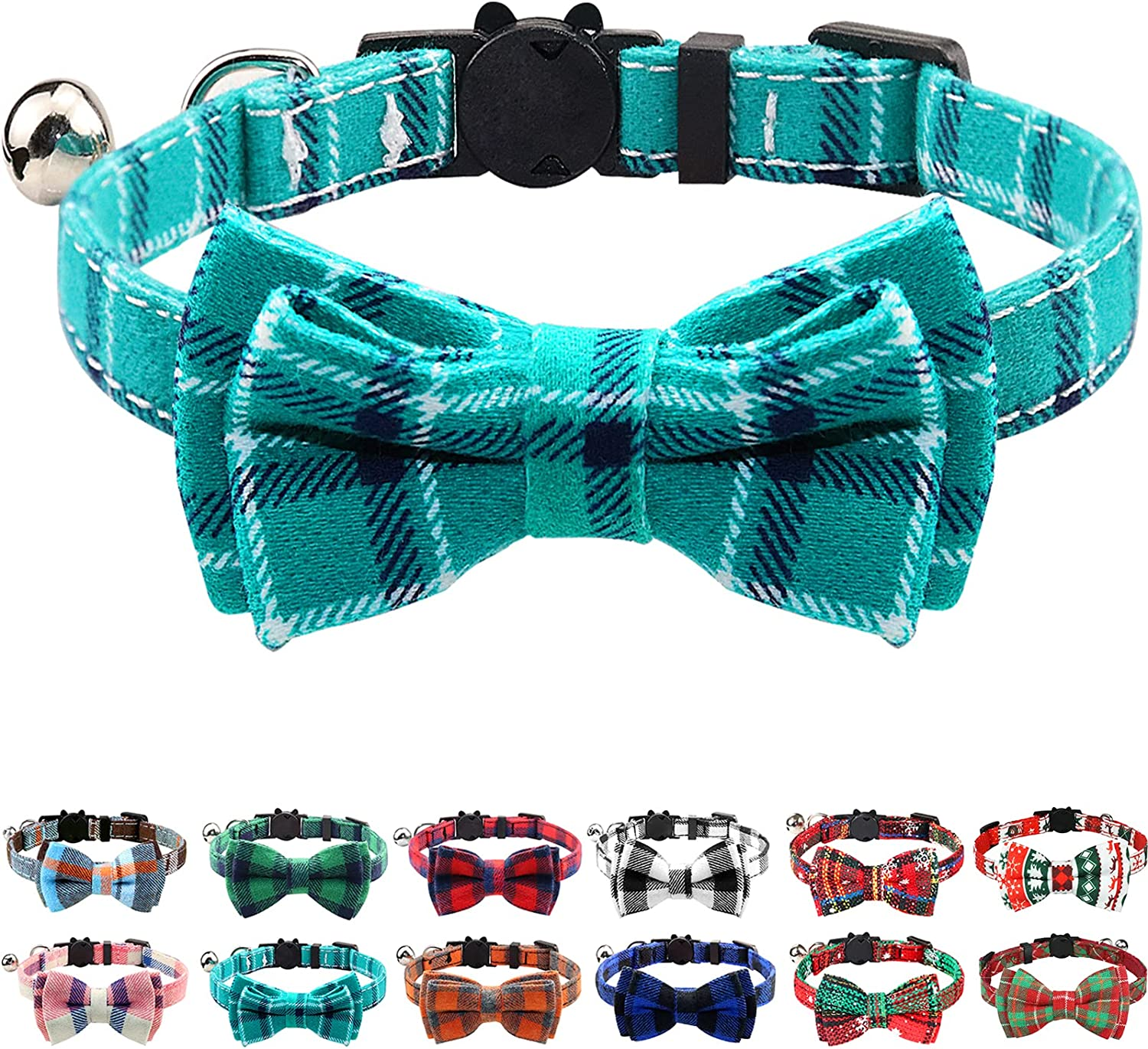 Joytale Breakaway Cat Collar with Bow Tie and Bell, Cute Plaid Patterns, 1 Pack Kitty Safety Collars,Haze Blue