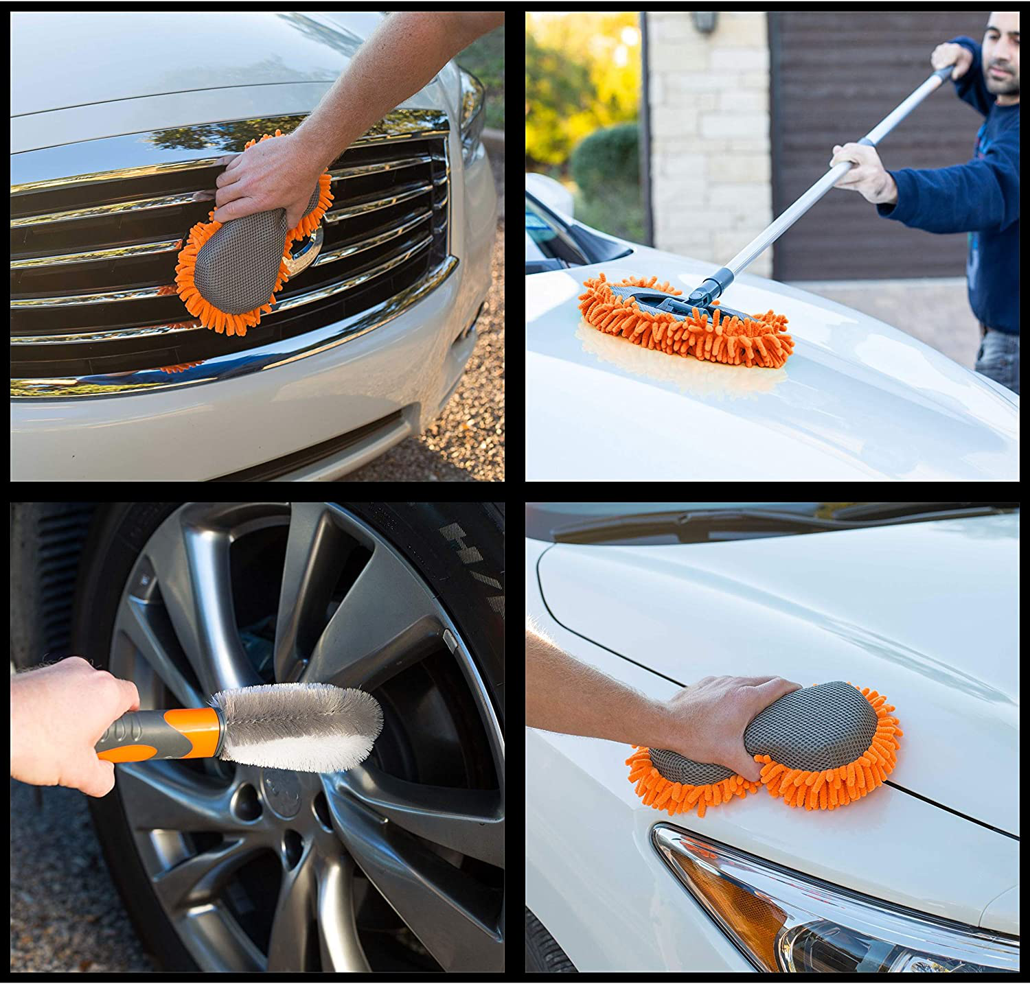 BIRDROCK HOME 6 PCS Car Wash and Cleaning Kit - Microfiber Cleaner – Auto Care - Exterior and Interior Cleaning – Tire Wheel Brush - Sponge - Duster - Extendable Cleaning Tool - Detailing Set