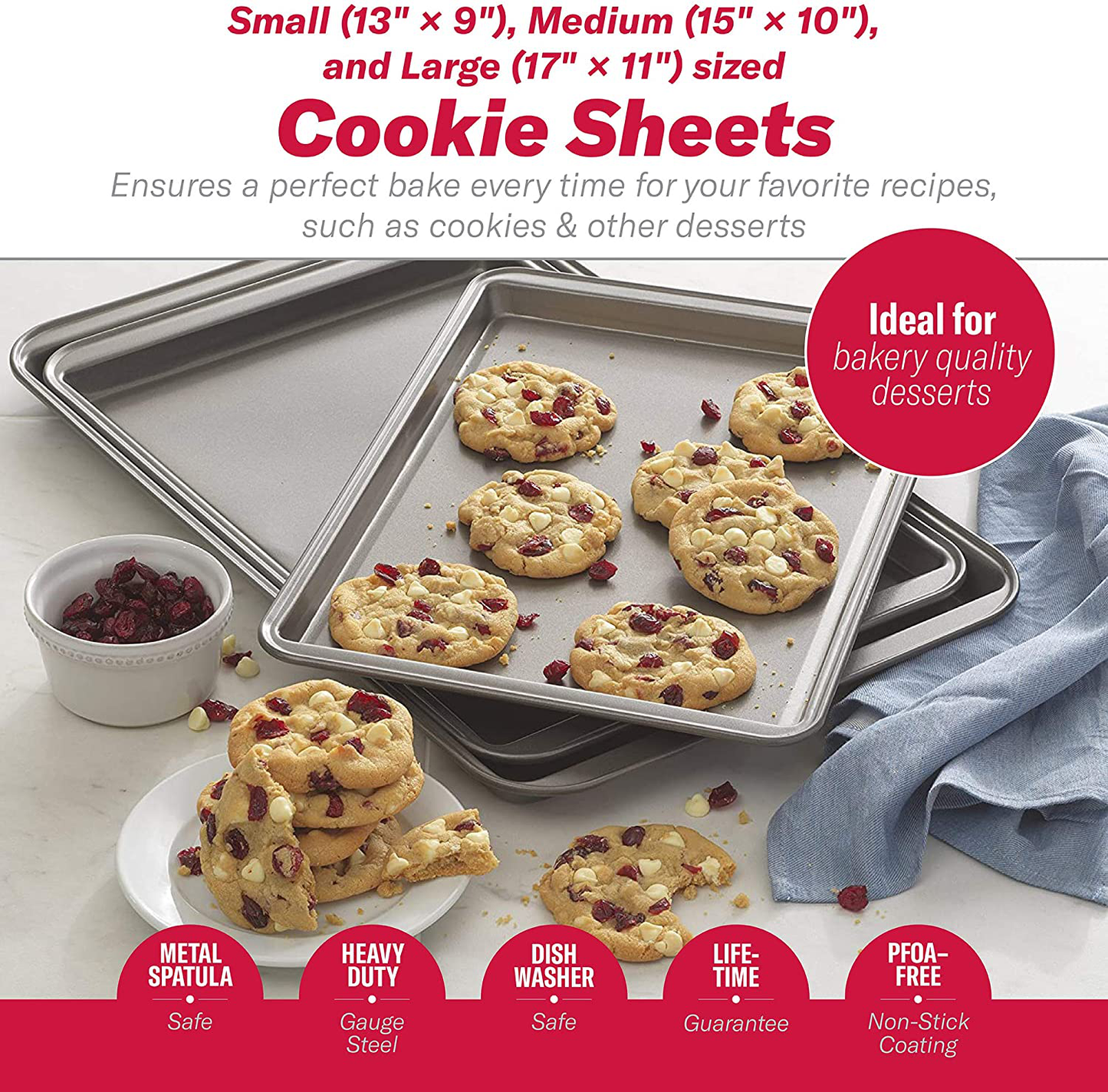 Goodcook Steel Nonstick Bakeware, 3 Piece Cookie Sheet Set, Multicolor