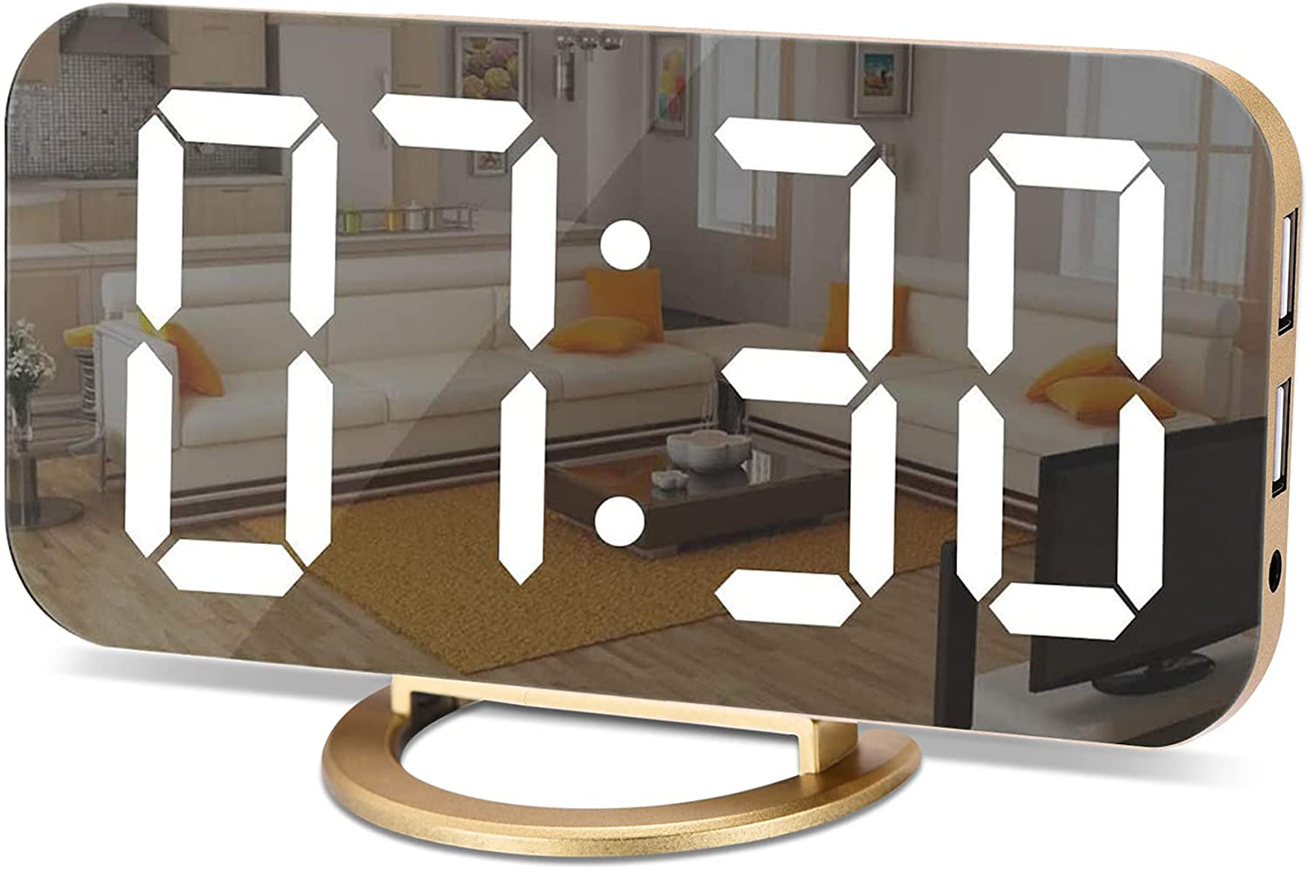 Digital Alarm Clock,LED and Mirror Desk Clock Large Display,with Dual USB Charger Ports,3 Levels Brightness,12/24H,Modern Electronic Clock for Bedroom Home Living Room Office - Gold