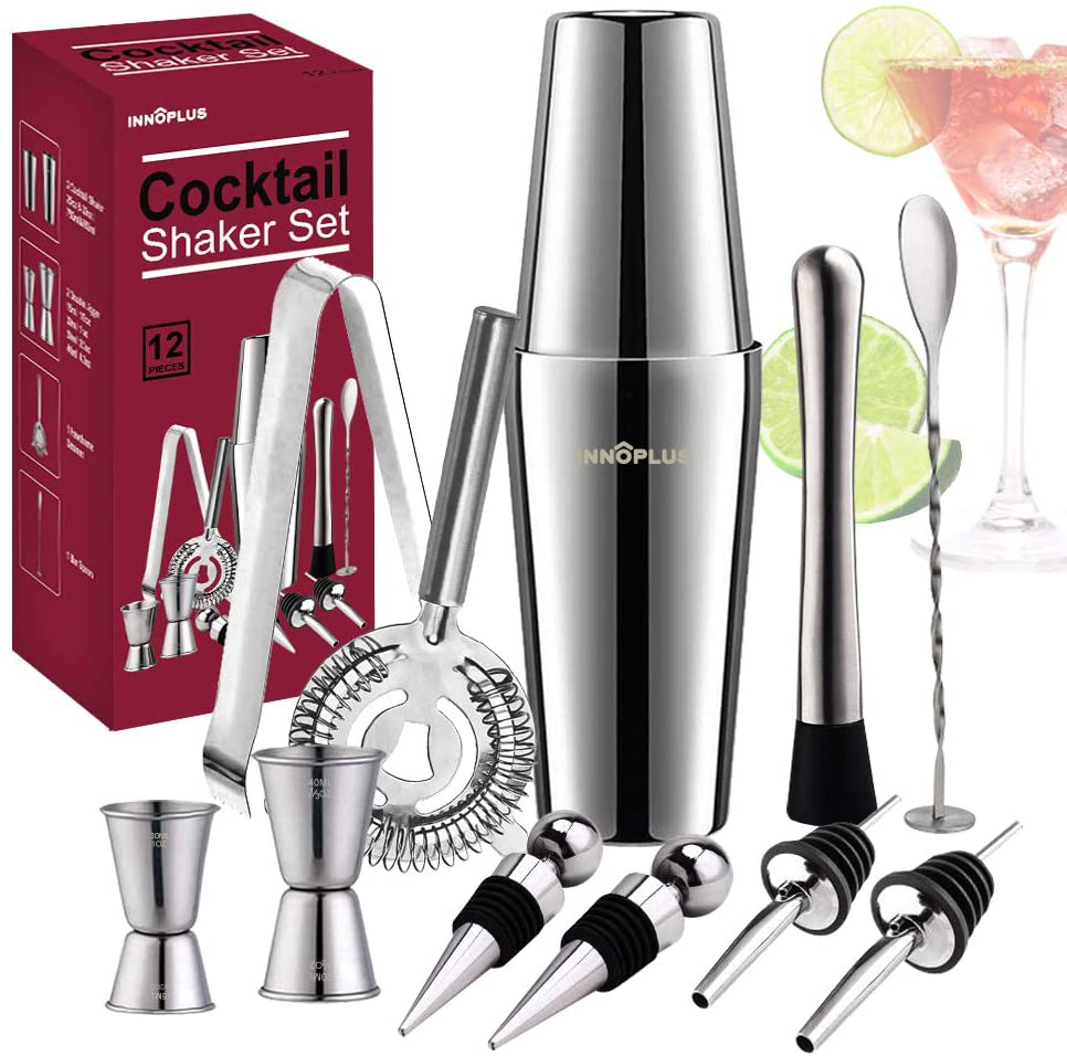 Cocktail Shaker, Martini Shaker, Drink Shaker, Cocktail Shaker Set 12 Piece, Boston Shaker Bar Set, Cocktail Strainer, Bar Tools, Bartender Kit Gifts, Stainless Steel Double Measuring Jigger, Spoon