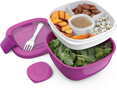 Bentgo Salad - Stackable Lunch Container with Large 54-oz Salad Bowl, 4-Compartment Bento-Style Tray for Toppings, 3-oz Sauce Container for Dressings, Built-In Reusable Fork & BPA-Free (Purple)