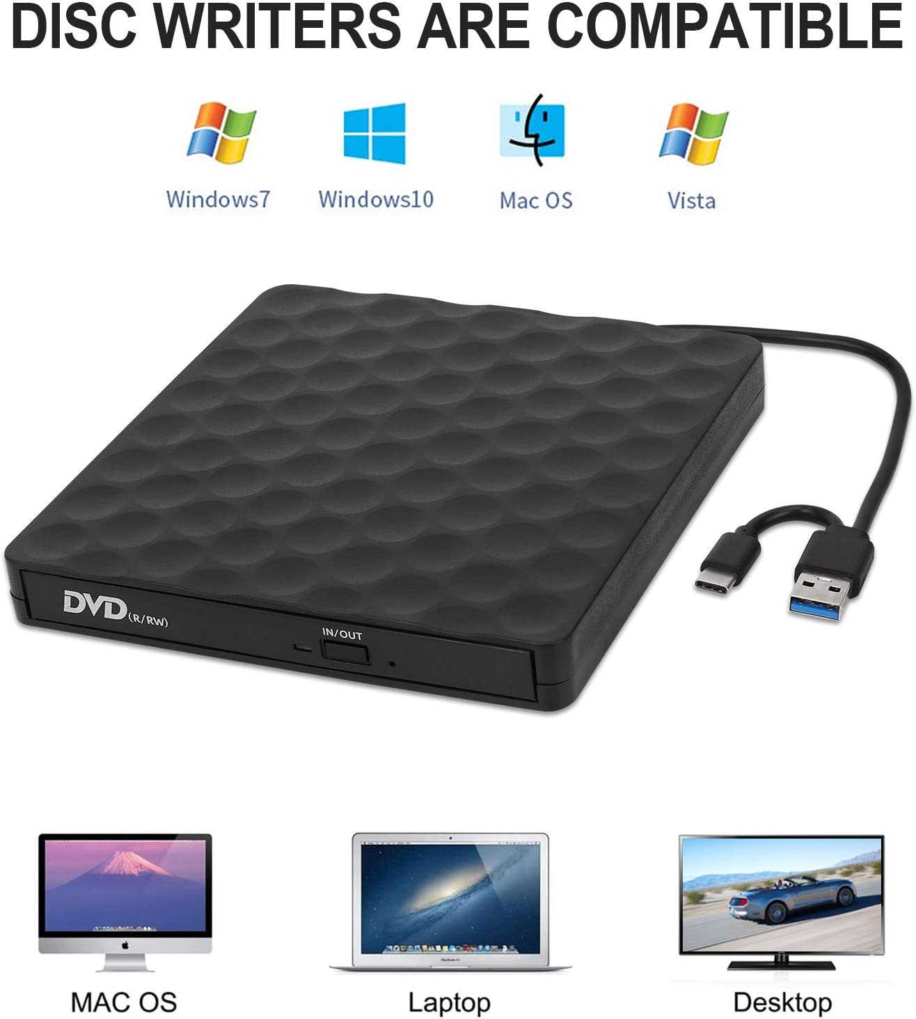 External DVD Drive, USB Type-C 3.0 CD Player Dual Port DVD Burner CD DVD Rewriter Burner Compatible with Windows XP/7/10, Laptop, Desktop