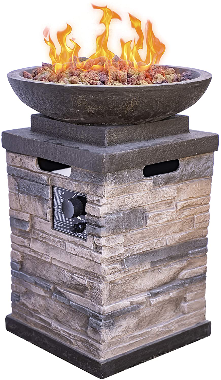 Bond Manufacturing 63172 Newcastle Propane Firebowl Column Realistic Look Firepit Heater Lava Rock 40,000 BTU Outdoor Gas Fire Pit 20 lb, Pack of 1, Natural Stone