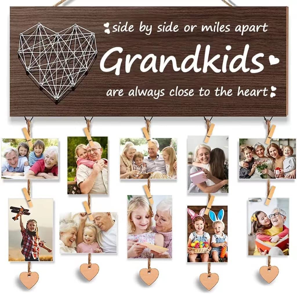 Mothers Day Gifts for Grandma from Grandkids, Grandma Gifts Picture Frame with 10 Clips & 6 Ropes, Perfect Wooden Picture Board Birthday Gifts for Grandma Mom (Grandkids Photo Holder)