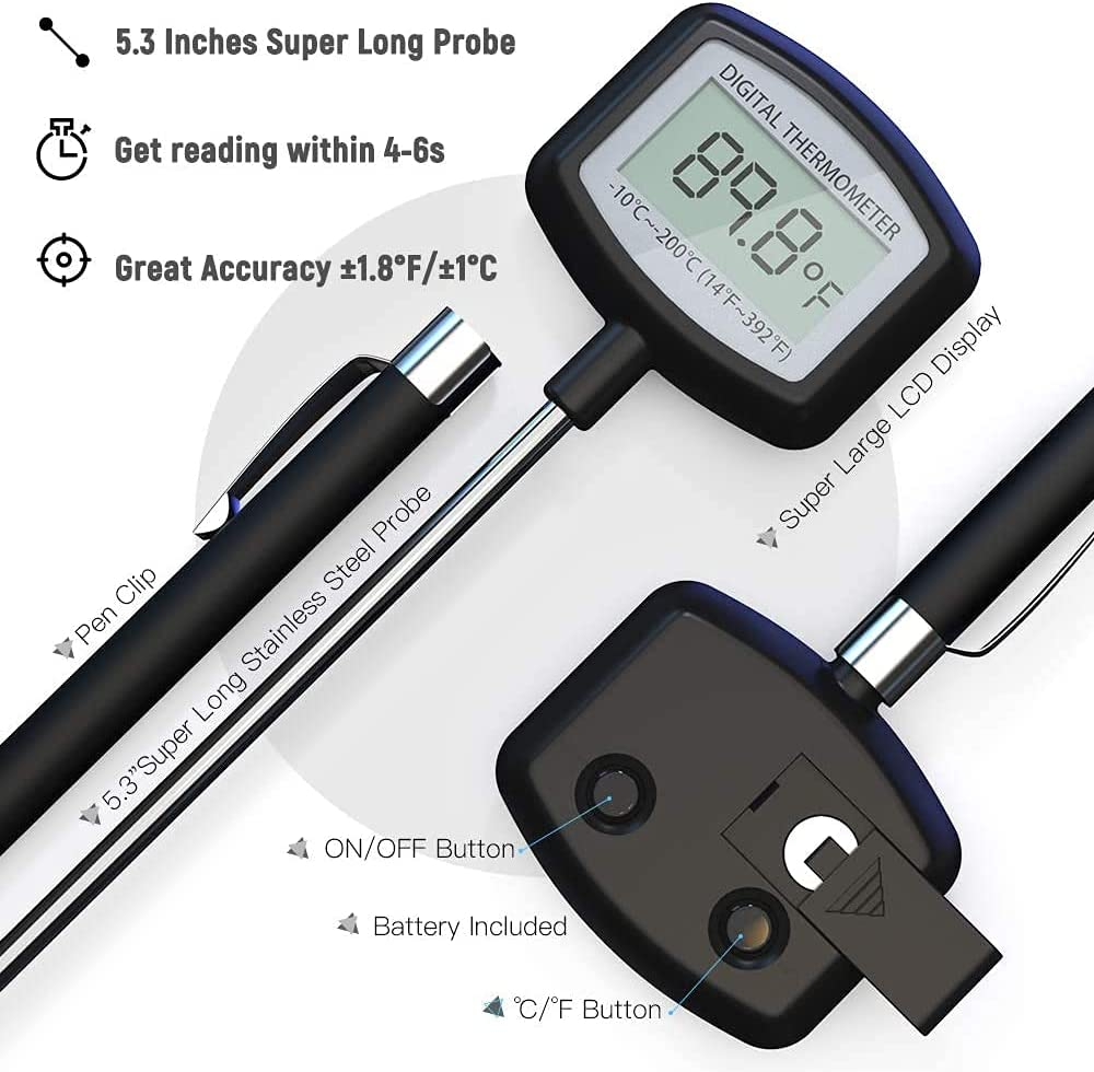 Meat Thermometer - Large LCD Super Long Probe 5.3 Inches Digital Cooking Thermometer with Instant Read and Clip for Kitchen BBQ Grilling Smoker Meat Liquids Candy and Food