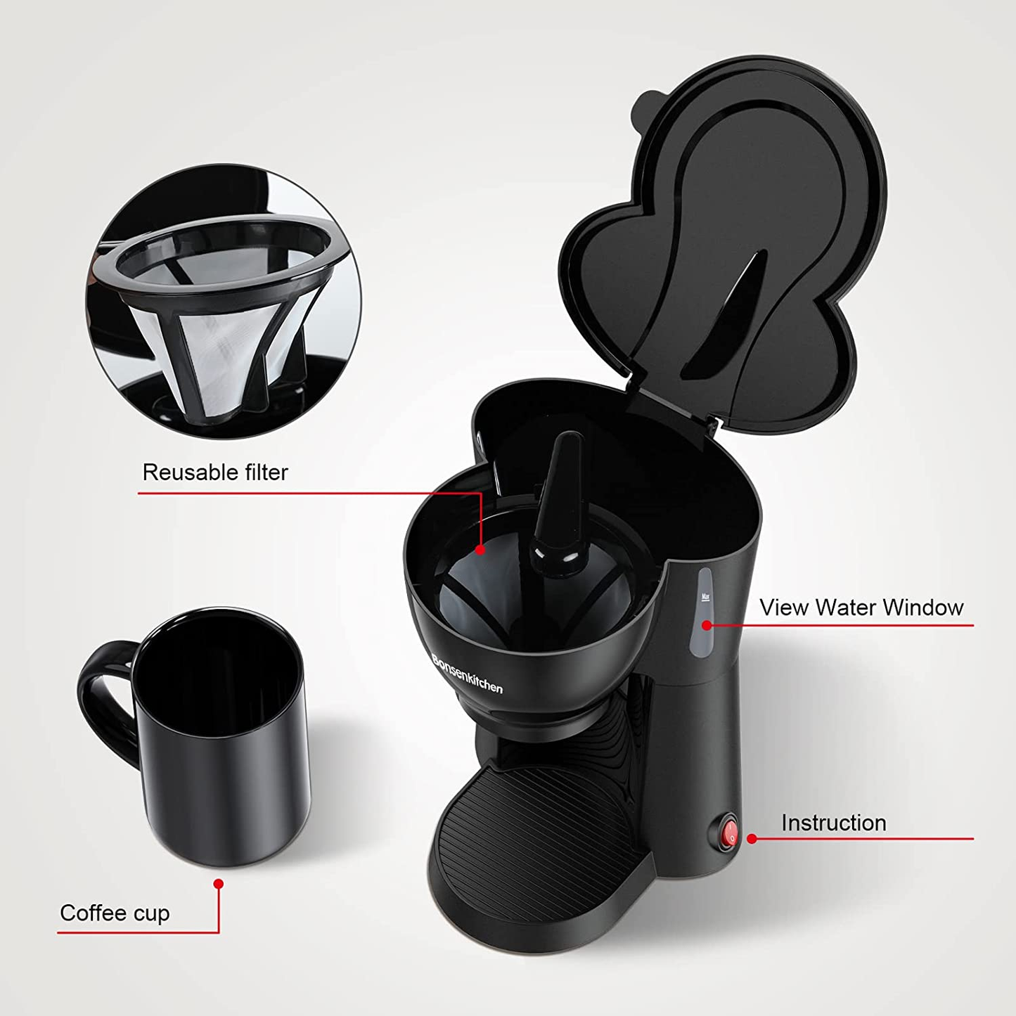 Bonsenkitchen Mini Coffee Maker with Ceramics Mug, Compact One Cup Drip Coffee Machine with Durable Reusable Filter, Portable Coffee Brewer for Home and Office