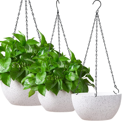 3 Pack Hanging Planters Hanging Pots Baskets for Plants Indoor Outdoor Modern Flower Pots with Drainage, Plastic Planters Speckled Hanging Plants Holder 8/9/10 Inch with Three Extra Ropes