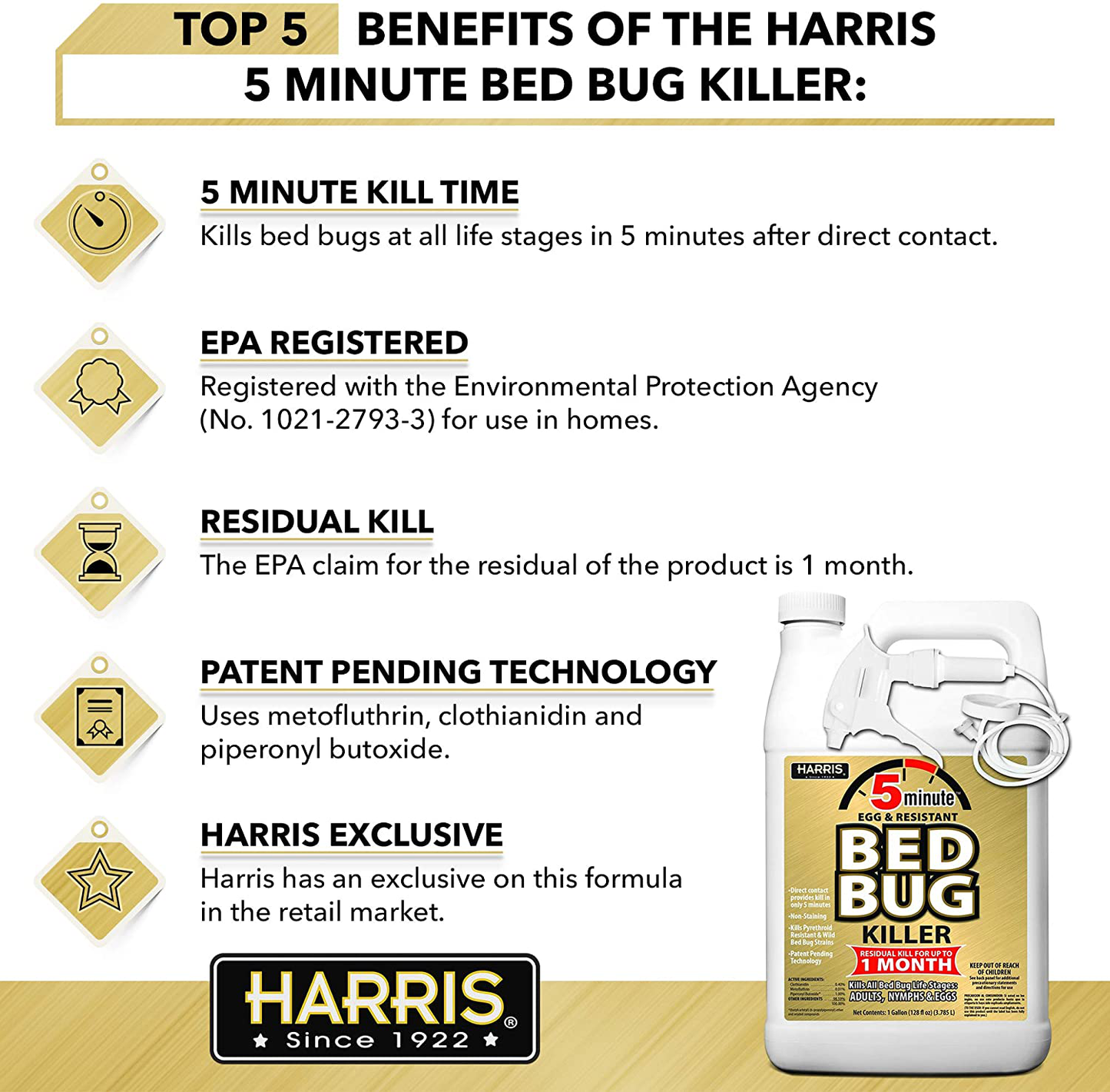 HARRIS 5 Minute Bed Bug Killer with Odorless and Non-Staining Formula, 128 oz