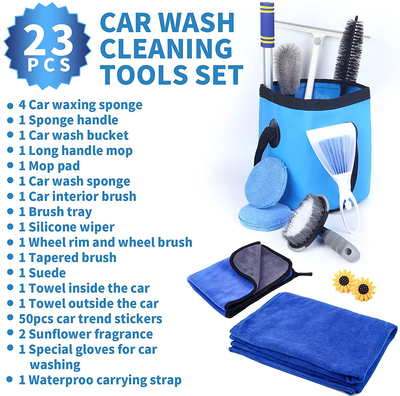ZSCM Car Cleaning Wash Kit,23PCS Ultimate Car Detailing Kit For Exterior Car Cleaner & Car Interior Cleaner,Car Washing Kit Package-Long handle mop,Tire Wheel Brush,Window Squeegee,Car Decoration. (Bule)