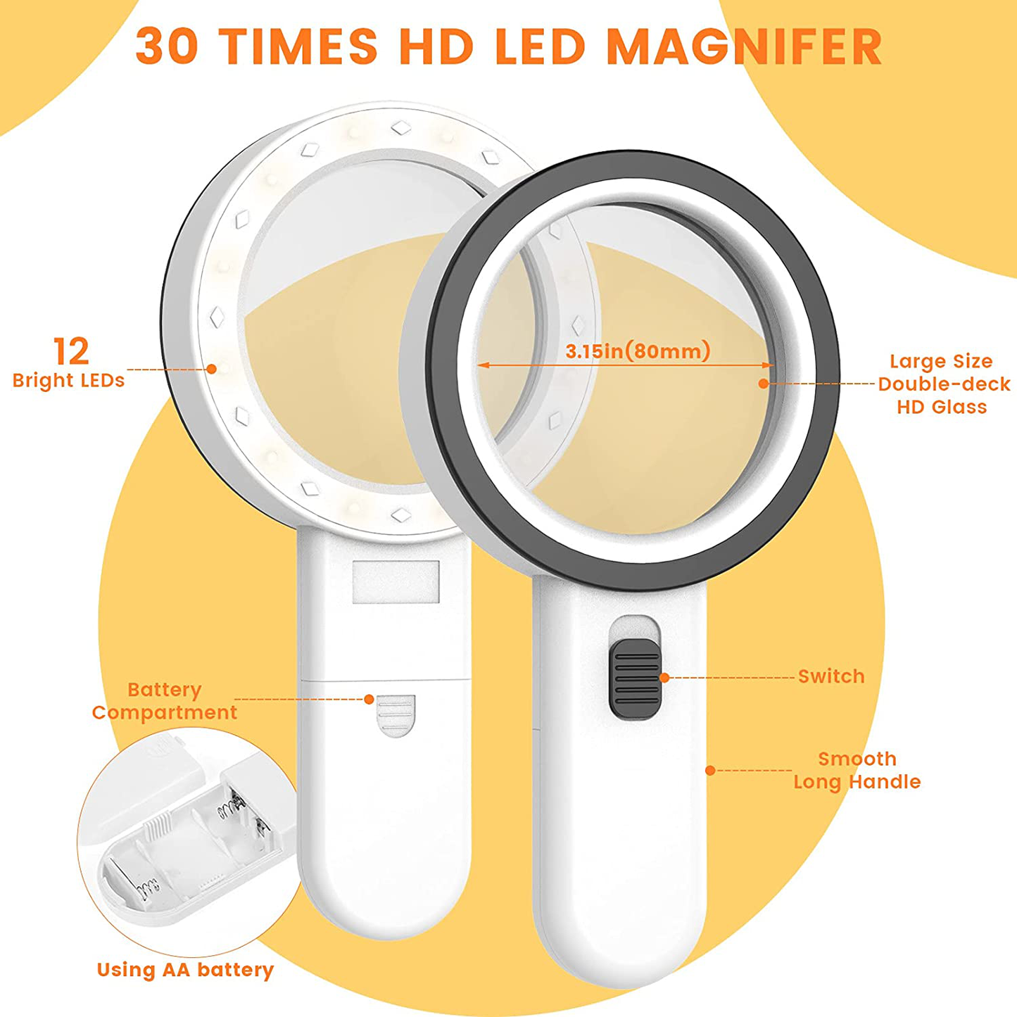 Magnifying Glass with Light, 30X Handheld Large Magnifying Glass 12 LED Illuminated Lighted Magnifier for Macular Degeneration, Seniors Reading, Soldering, Inspection, Coins, Jewelry, Exploring(White)