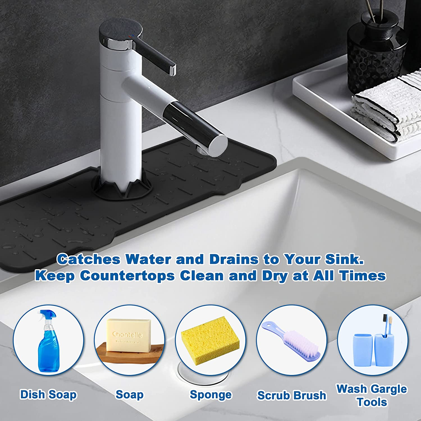 Kitchenguard Silicone Faucet Handle Drip Catcher Tray Mat, Faucet Sink Splash Guard Drying Mat, Silicon Faucet Splash Catcher Mat, Sink Protector Mat for Kitchen, Bathroom, Farmhouse