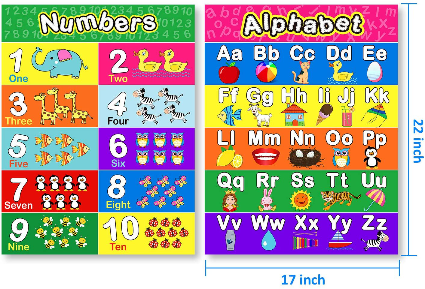 Extra Large Preschool Educational Learning Posters for Kids Toddlers, Nursery Homeschool Pre-K Kindergarten Classroom Decoration, 17 x 22 Inch (4 Pieces, Alphabet, Number 1-10, Shapes, Colors)