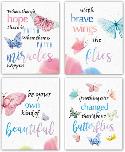 Modern Art Watercolor Butterfly Inspirational Quote Wall Poster Prints Set of 4 (8"X10"Canvas Picture) Kids Kindergarten Classroom Office Children Girls Room Decor Home Decor Unframed