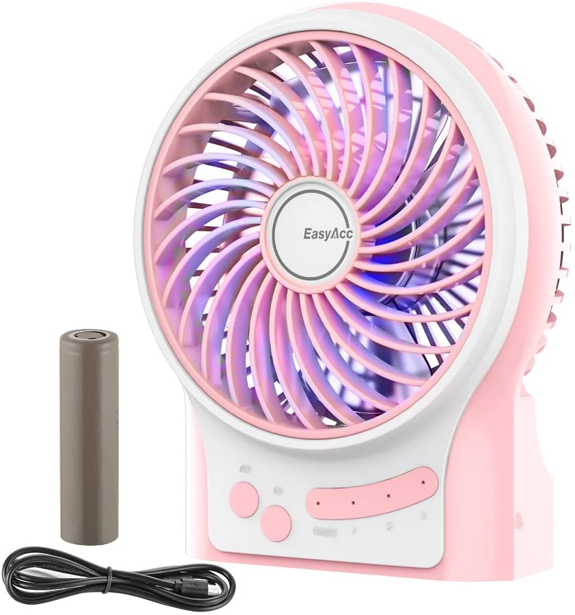 Small USB Desk Fan, Easyacc 3 Speed Portable Rechargeable Battery Fan with Blue LED Mood Light, Personal Quiet Table Fan 4.9 Inch Cooling Fan for Home, Office, Outdoor, Travel, Camping