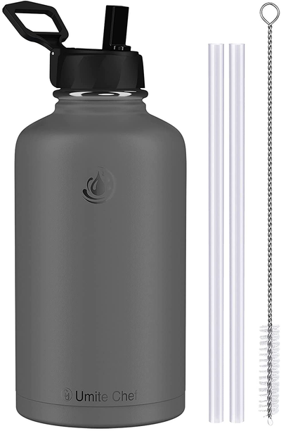 Umite Chef Water Bottle, Vacuum Insulated Wide Mouth Stainless-Steel Sports 64OZ Water Bottle with New Wide Handle Straw Lid,Hot Cold, Double Walled Thermo Mug Charcoal