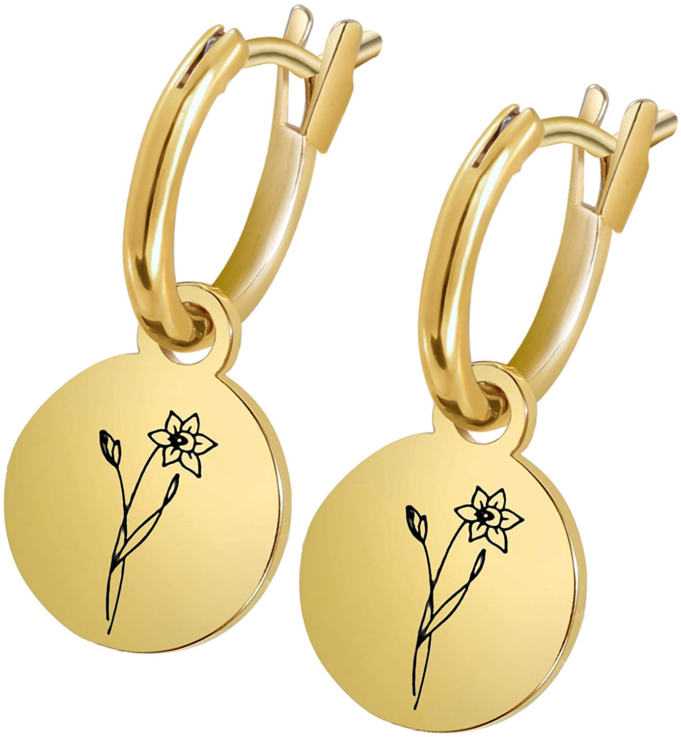 Birth Flower Earrings for Women Girls, 18K Gold Plated 12 Month Floral Signet Earrings Birthday Jewelry Gift Dainty Coin Drop Dangle Birth Earrings