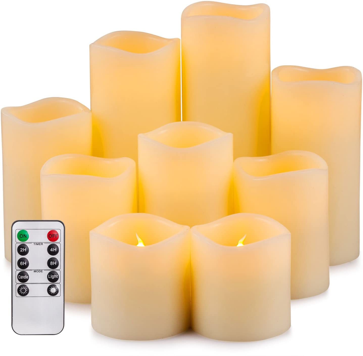 RY King Battery Operated Flameless Candle Set of 9 Real Wax Pillar Decorative Led Fake Candles with Remote Control and Timer
