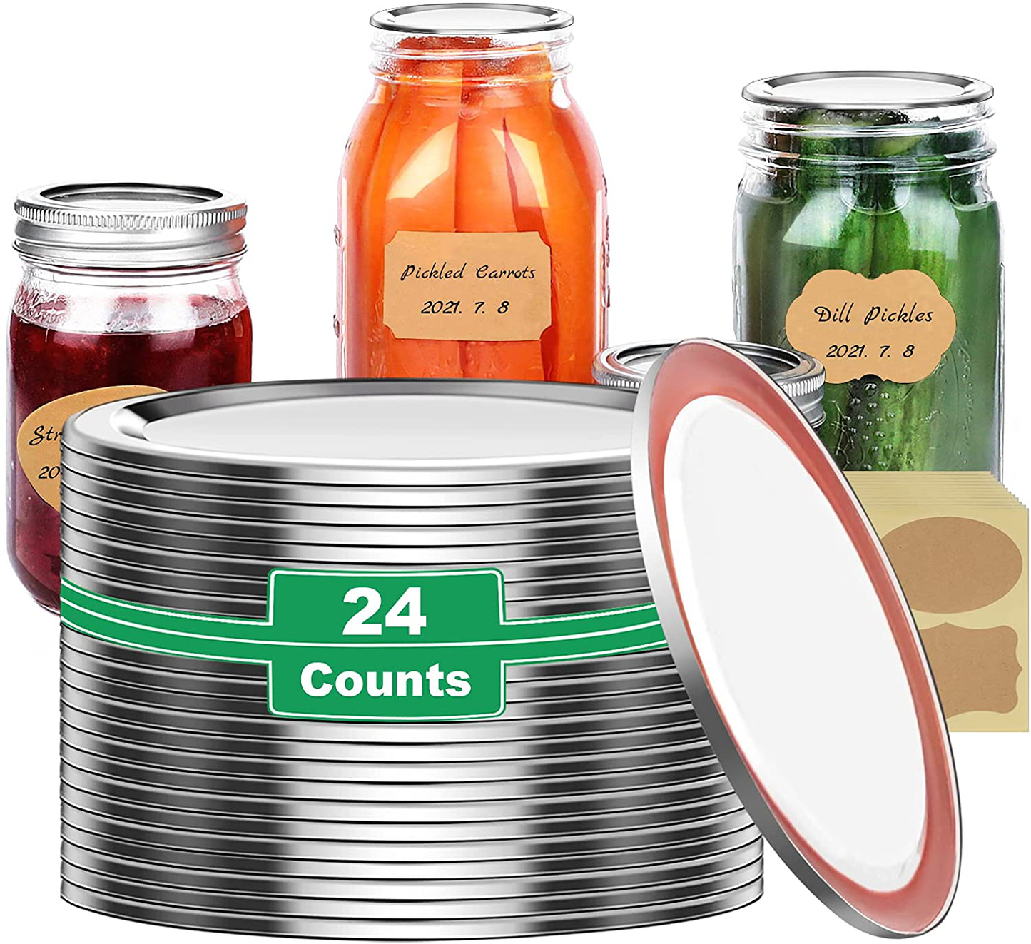 Canning Lids Wide Mouth, 24-Count Bulk Ball Canning Jar Lids for Ball Kerr Large Wide Mouth Mason Jars - Split-Type Metal Wide Mouth Mason Jar Lids - Food Grade Material (86mm, Silver, 24PCS Label )