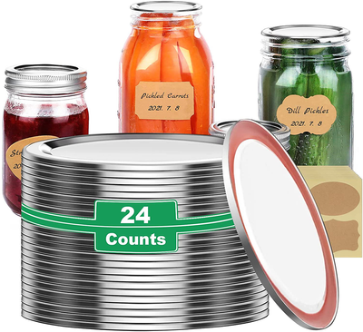 Canning Lids Wide Mouth, 24-Count Bulk Ball Canning Jar Lids for Ball Kerr Large Wide Mouth Mason Jars - Split-Type Metal Wide Mouth Mason Jar Lids - Food Grade Material (86mm, Silver, 24PCS Label )