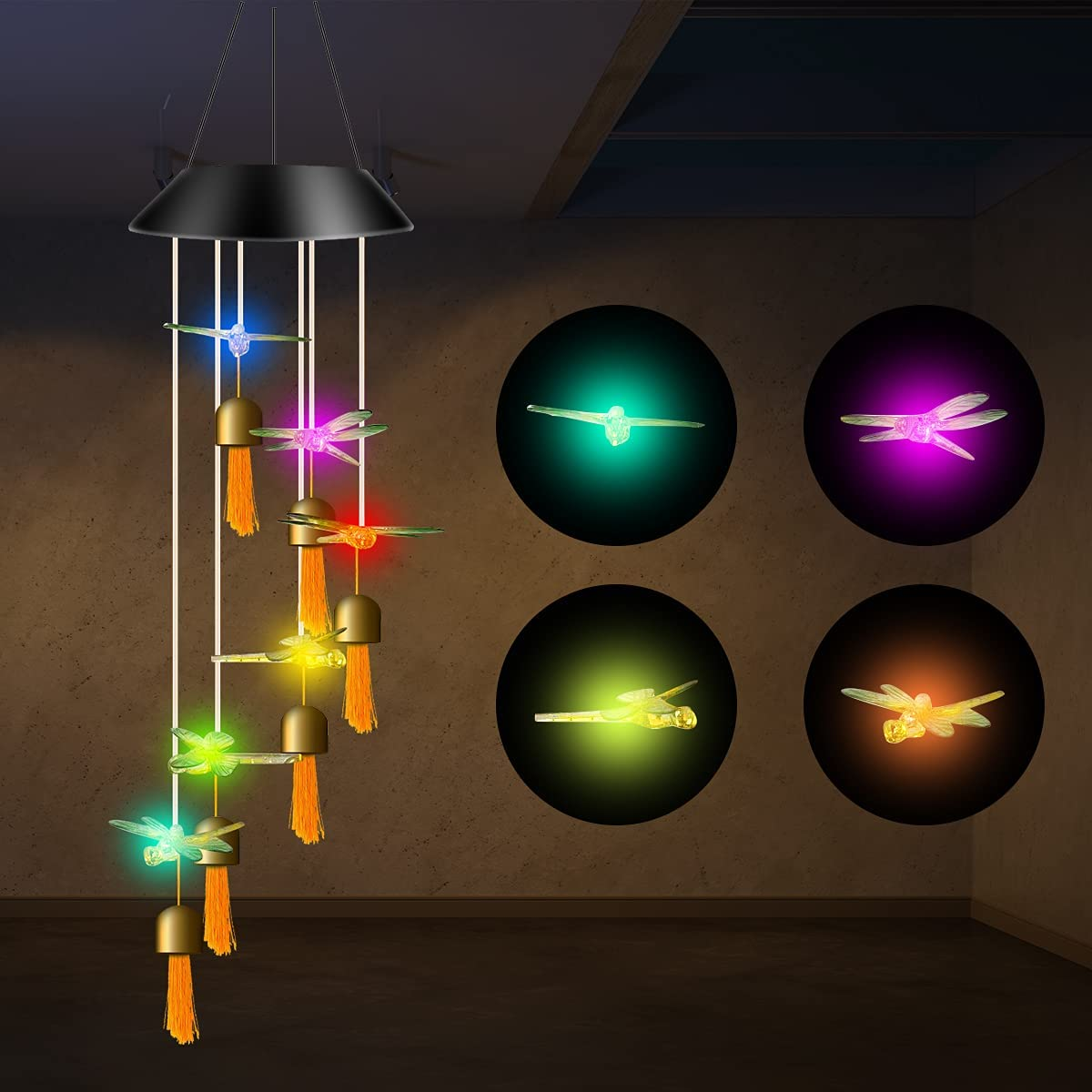 Solar Dragonfly Wind Chimes,Color Changing Waterproof Solar Lights Mobile Outdoor Decor LED with Bell, Perfect for Patio Mom Gifts Outdoor Decor and Garden