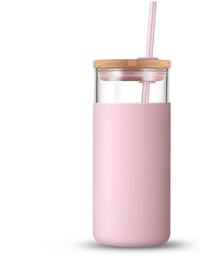 tronco 20oz Glass Tumbler Glass Water Bottle Straw Silicone Protective Sleeve Bamboo Lid - BPA Free (Pink)
