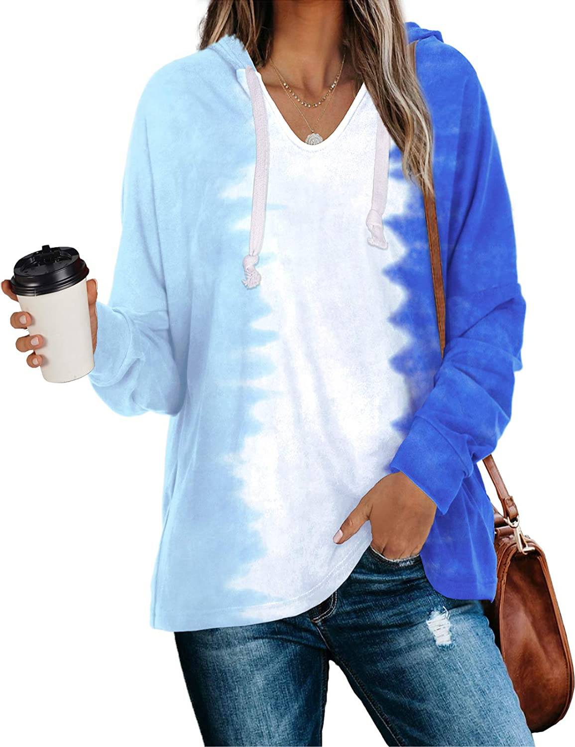 WIHOLL Women's V Neck Hoodie Sweatshirts Tie Dye Casual Long Sleeve Pullover Tops