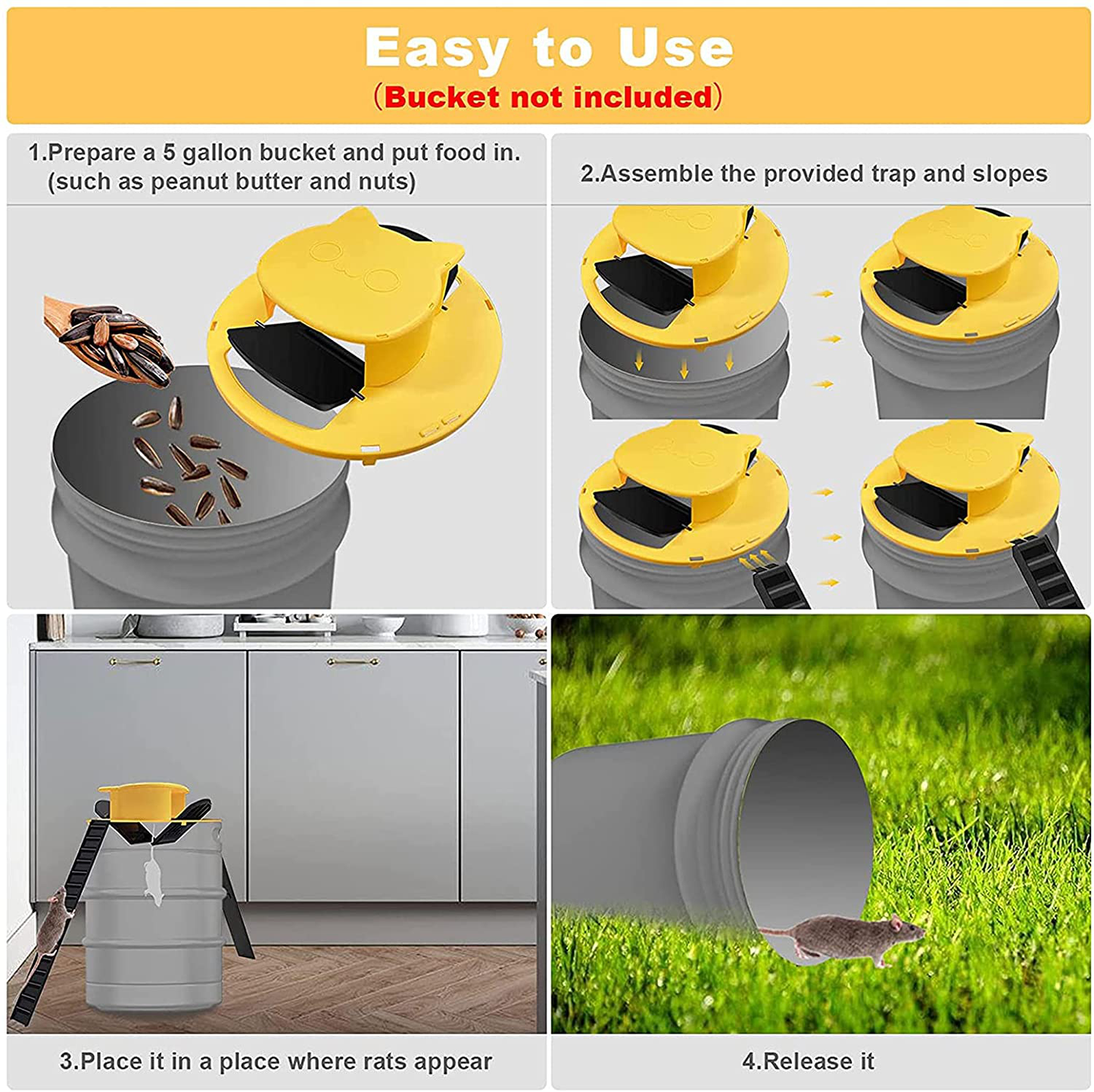 LZJP Bucket Mouse Trap-Flip & Slide Bucket Lid Mouse Trap （5 Gallon Bucket Compatible） Reusable Auto Reset Indoor Outdoodr,Solid Durable Mice Control Traps Flip Bucket Slide Mouse Trap(Yellow)