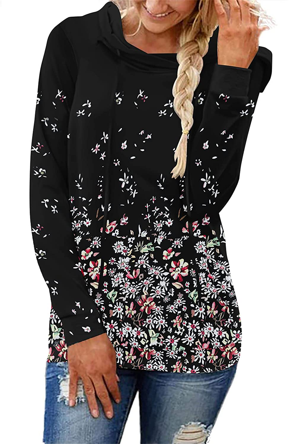 onlypuff Womens Fashion Hoodie Sweatshirt Floral Hoodies Casual Kangaroo Pocket Tunic Tops