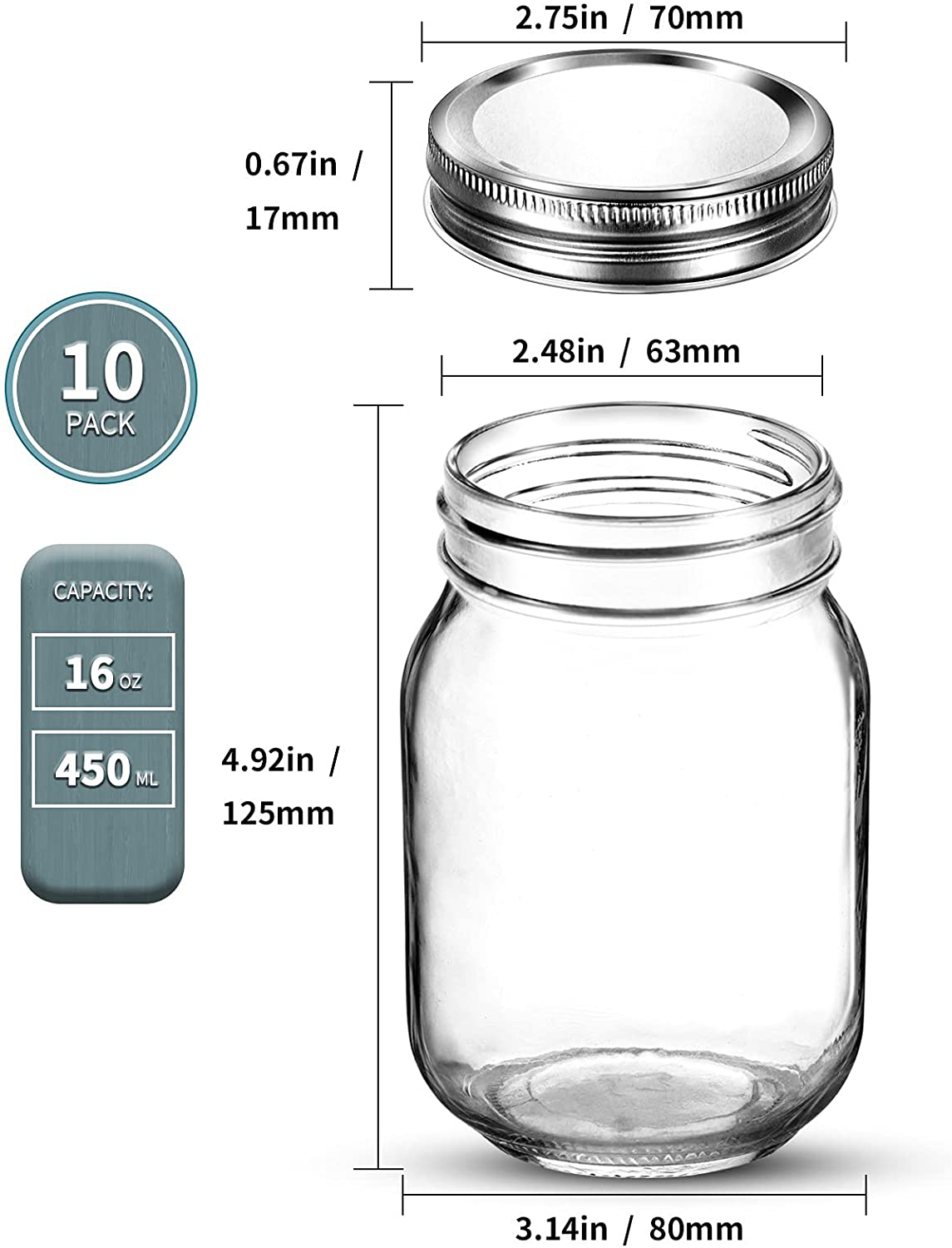 Mason Jars 16 OZ, AIVIKI Glass Regular Mouth Canning Jars with Silver Metal Airtight Lids for Sealing, Canning, Jam, Honey, Wedding Favors, Shower Favors, Baby Foods, Food Storage, Overnight Oats, Dry Food, Snacks, Candies, 6 Pack 12 Whiteboard Labels