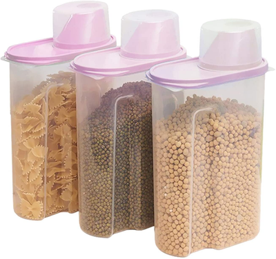 TRUSBER 3PACK 2.5L(89Oz) Cereal Storage Plastic Jar Airtigh Transparent Kitchen Dry Food Dispenser Containers with Measuring Cup for Grain,Flour,Rice,Candy,Cookies,Etc