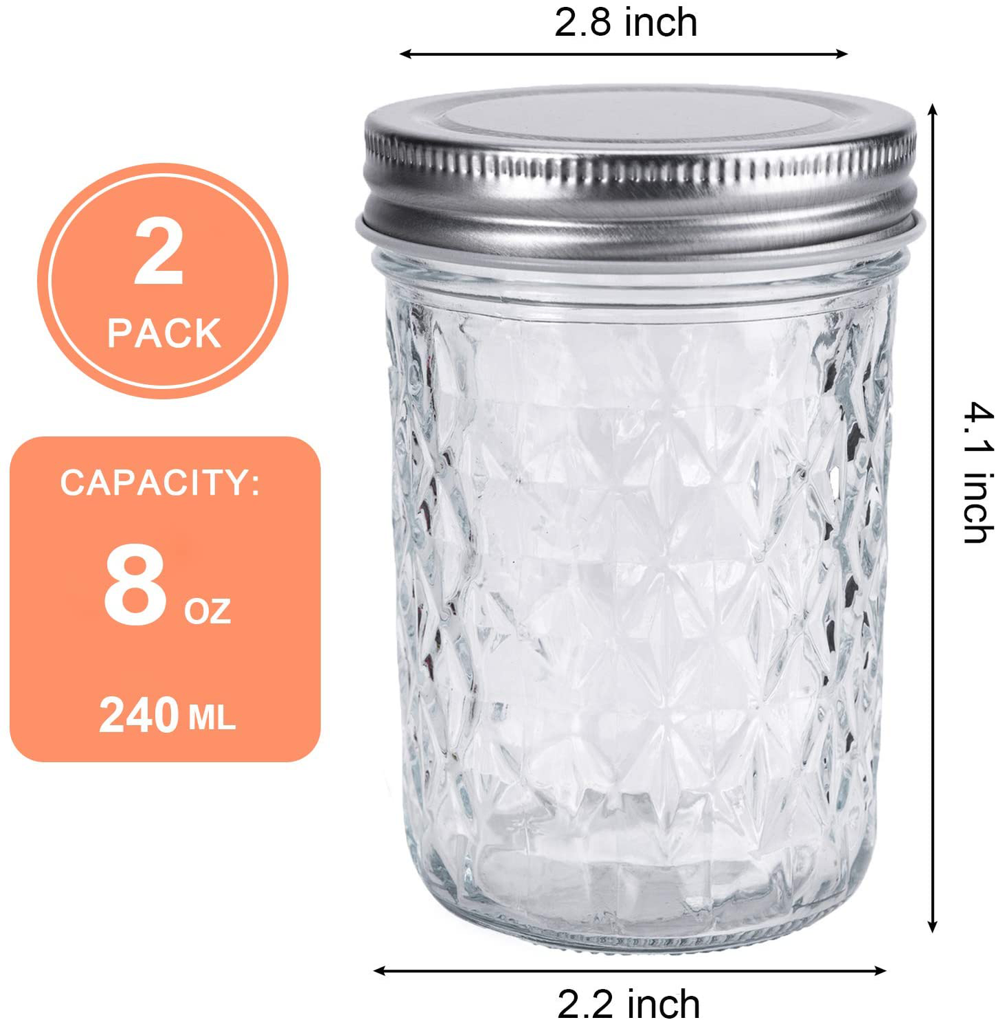 ShiJJ 8oz Mason Jars with Cans Lifter Regular Mouth Jelly Jars 8 Ounce 2 Pack, 2 Silver Lids + 2 Gold Lids Half Pint Mason Jar Ideal for Canning Food Storage