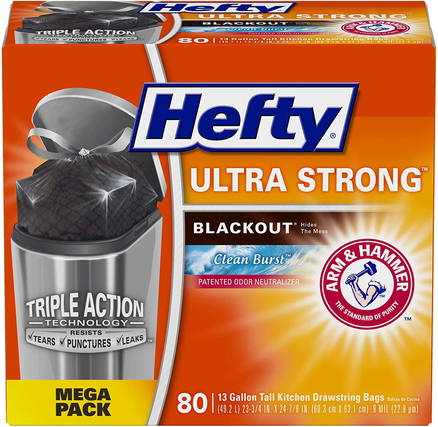 Hefty Ultra Strong Tall Kitchen Trash Bags, Blackout, Clean Burst, 13 Gallon (Packaging May Vary)