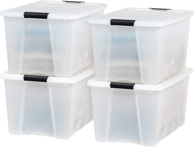 IRIS USA TB Pearl Plastic Storage Bin Tote Organizing Container with Durable Lid and Secure Latching Buckles, 72 Qt, 4 Pack