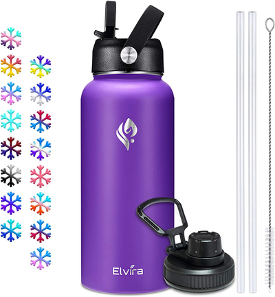 Elvira 32oz Vacuum Insulated Stainless Steel Water Bottle with Straw & Spout Lids, Double Wall Sweat-Proof BPA Free to Keep Beverages Cold for 24Hrs or Hot for 12Hrs