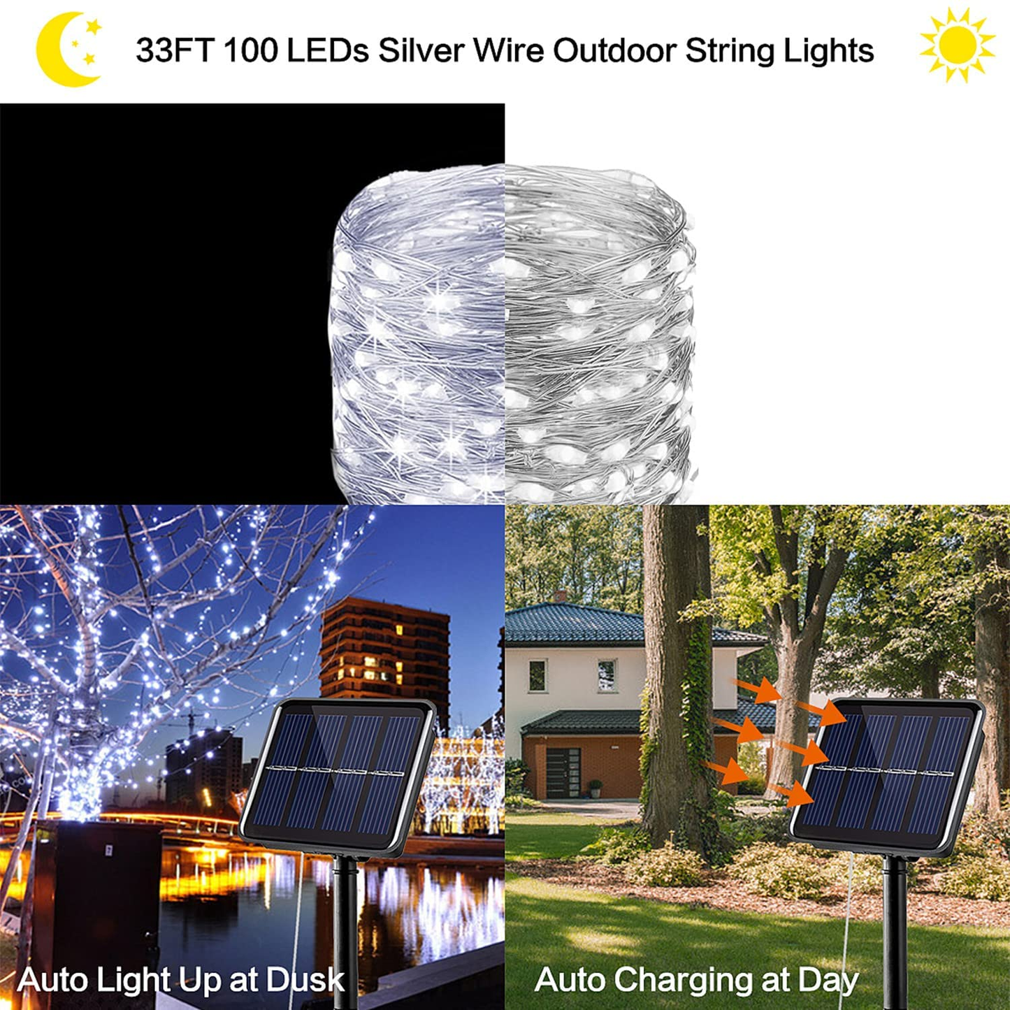 Solar String Lights, Juhefa 2-Pack 33FT 100 Leds Silver Wire Decorative Fairy Lights, Waterproof Outdoor Garden Lights with 8 Modes for Patio Yard Tree Wall Decor (White)