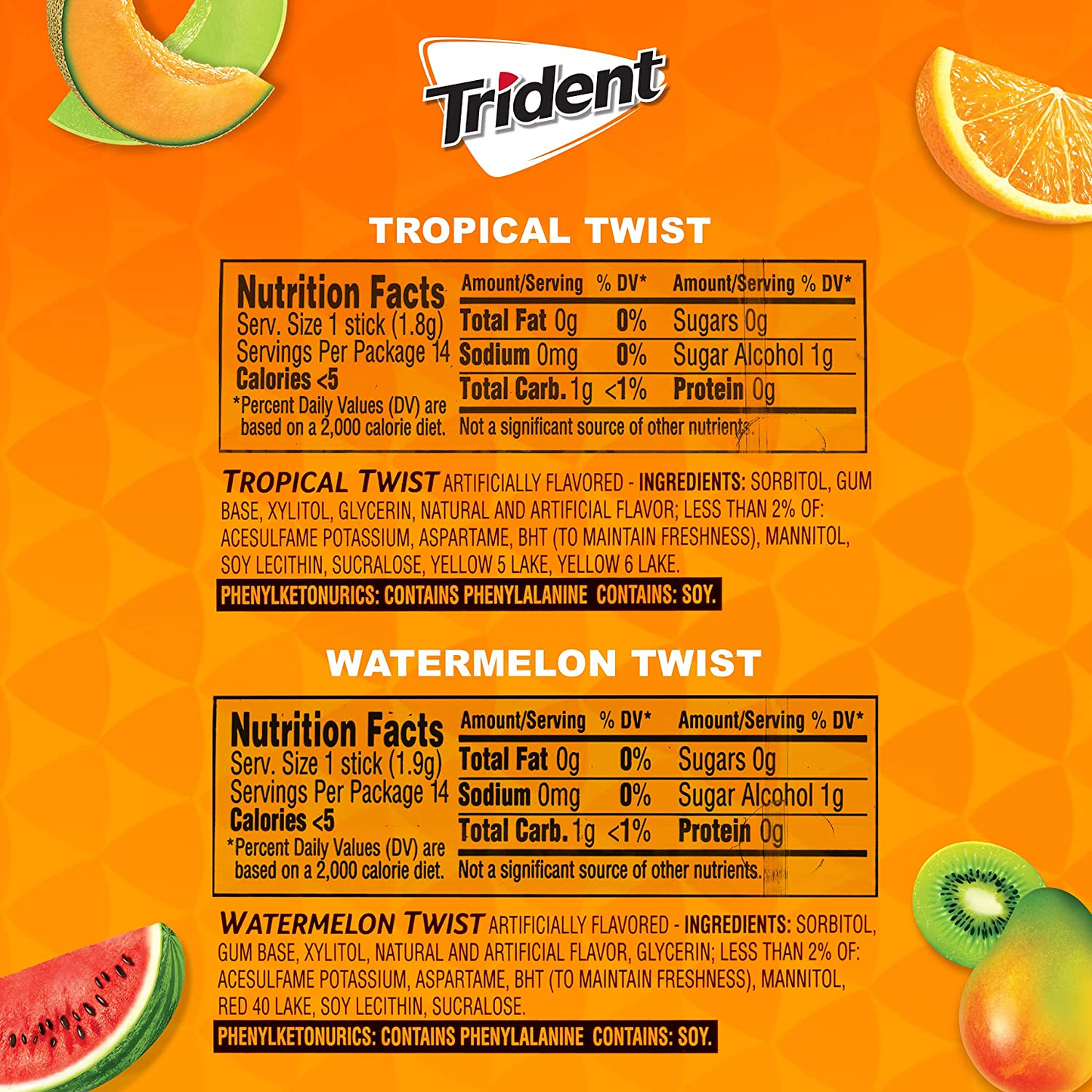 Trident Sugar Free Gum Variety Pack, Watermelon Twist & Tropical Twist Flavors, 15 Packs (210 Pieces Total)
