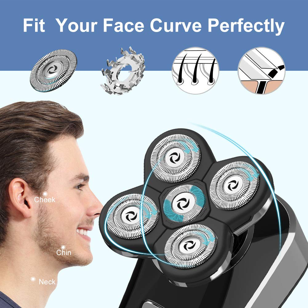  6 in 1 Wet & Dry Cordless Electric Rechargeable Shaver Razor for Men Bald Head Shaver Rotary Shaver Grooming Kit with Beard Trimmer Clippers Nose Trimmer Facial Brush 